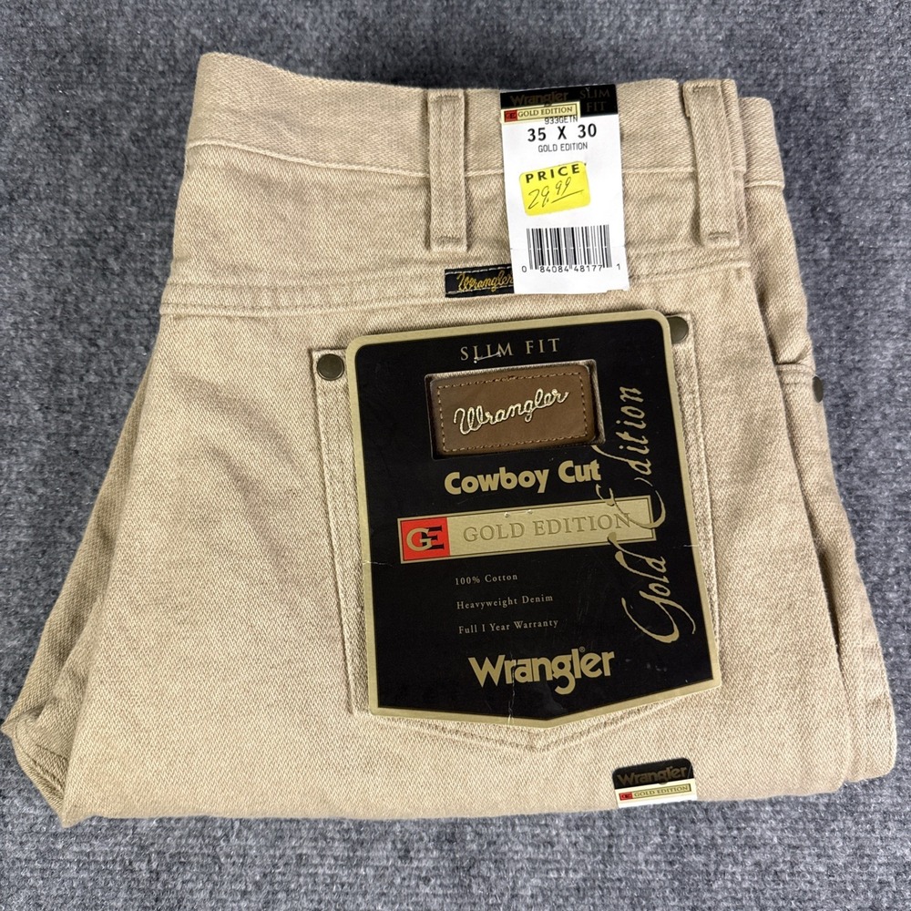 Wrangler Cowboy Cut Gold Edition Jeans Mens 35x30 Slim Fit Beige Denim NWT